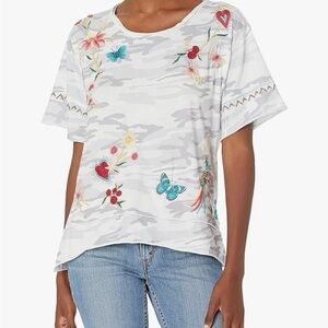 Johnny Was White Floral Embroidered Tee